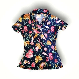 EUC faux wrap front tropical short sleeve blouse sz M